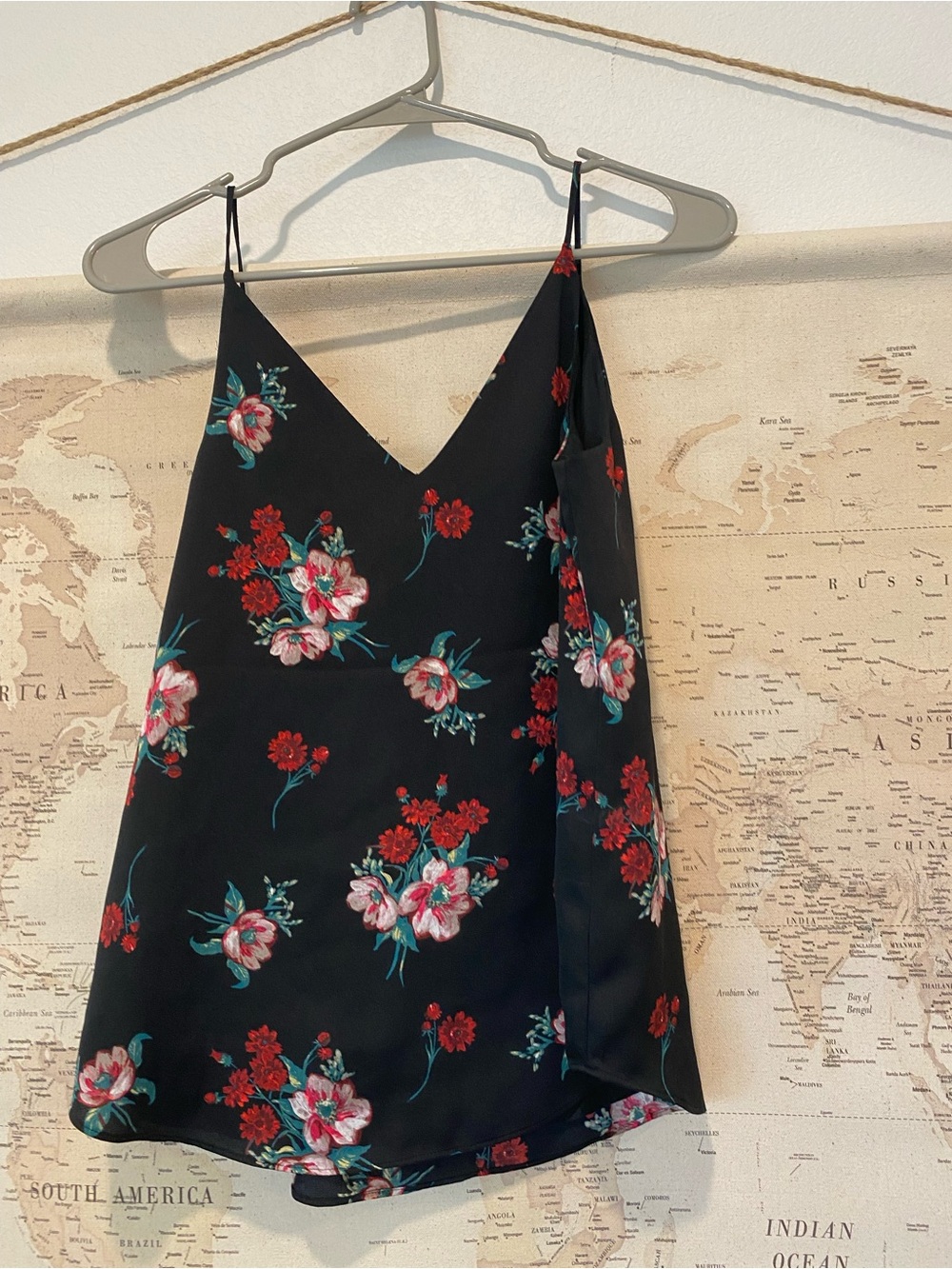 Express Black Floral V-Neck Cami with Red & Pink Blooms